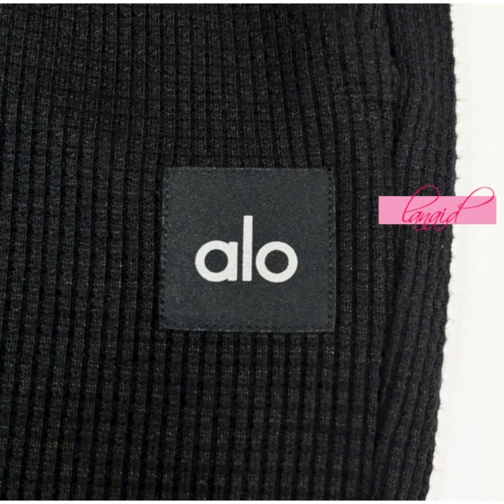 Alo Waffle Weekend Escape Joggers Black High-Rise Waist Thermal Sweats Sweatpant - Picture 9 of 12